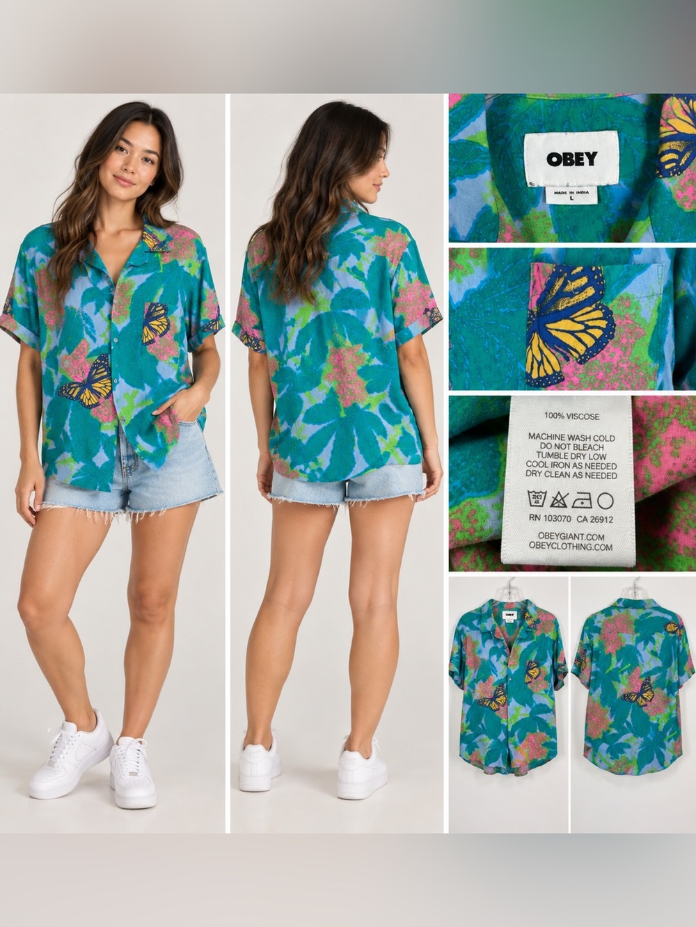 OBEY Butterfly Floral Shirt Tropical Camp Collar 100% Viscose, Size Large